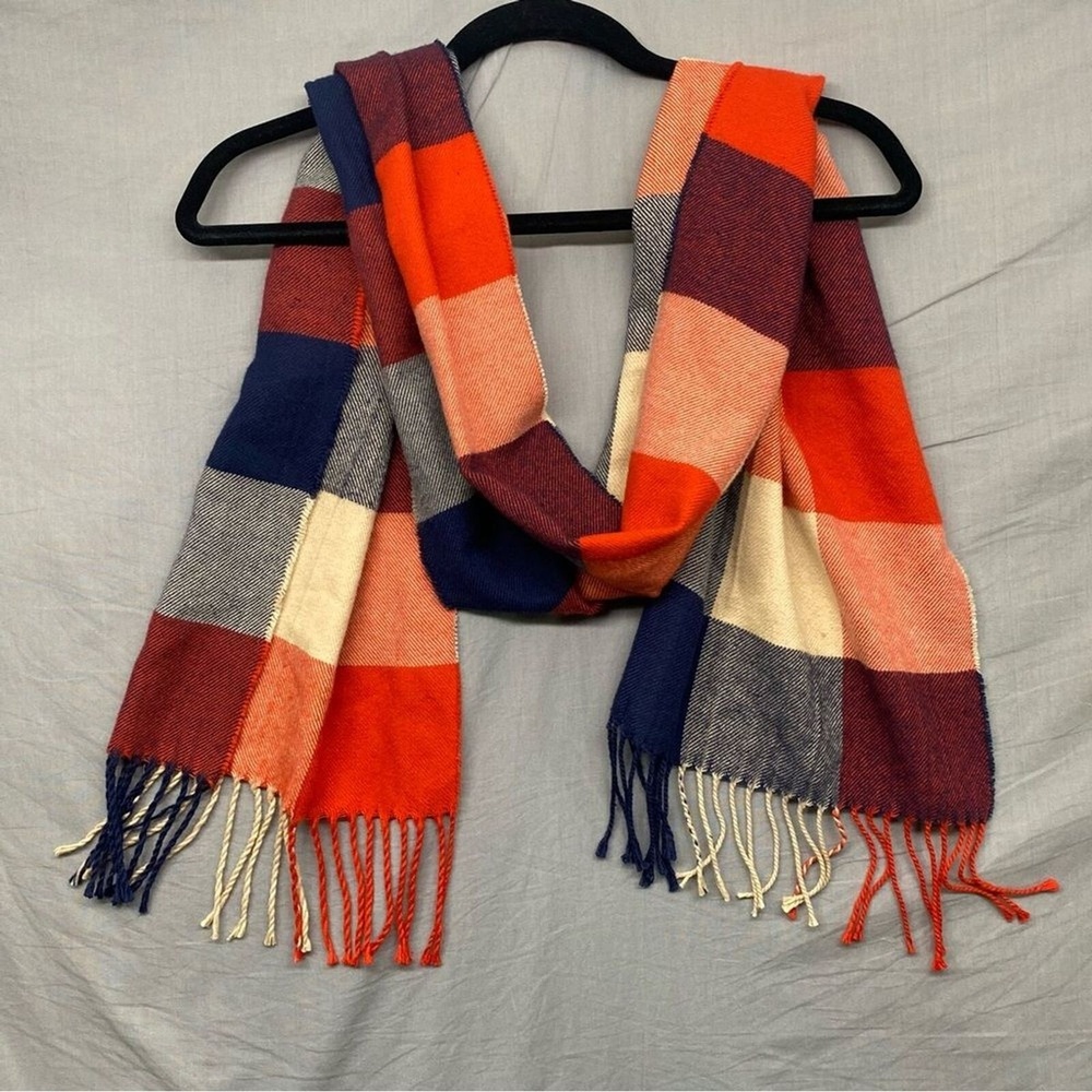 Checker Plaid Scarf One Size Blue Red Cream